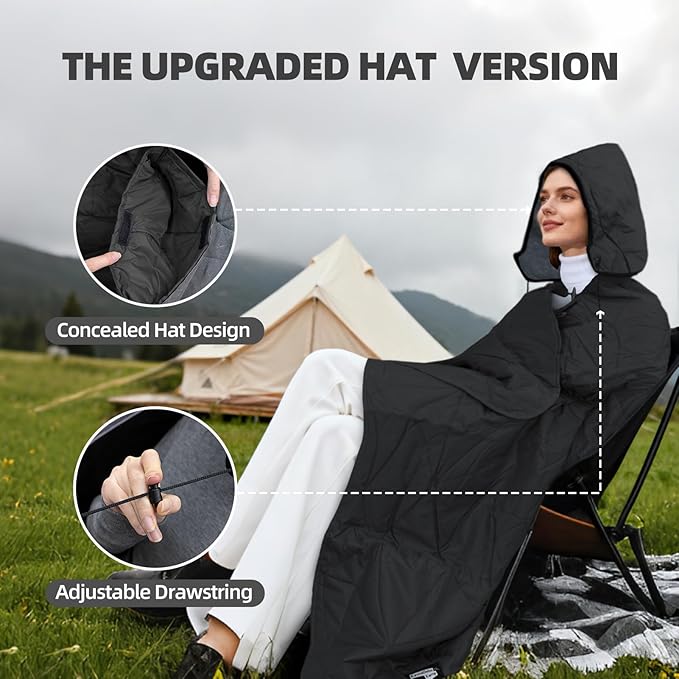 Large Outdoor Waterproof Blanket Extra Thick Fleece Stadium Blanket for Camping, Car, Pet, Picnics - Windproof, Wearable, Machine Washable 80" x 58" (Black Gray,Hooded)