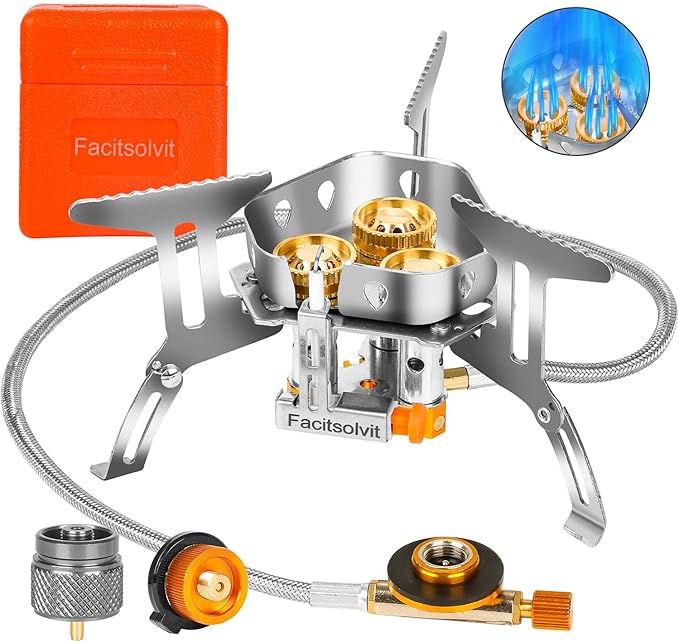 9900W Windproof Camping Gas Stove, Portable Camping Stove with Piezo Ignition, 1LB Propane Tank Adapter, Butane Adapter for Outdoor Cooking, Picnic, Camping and Hiking