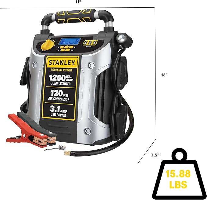 Stanley J5C09D 1200 Peak Amp Automotive Jump Starter, Portable Power – 2.1A/10W USB Port, 120 PSI Air Compressor