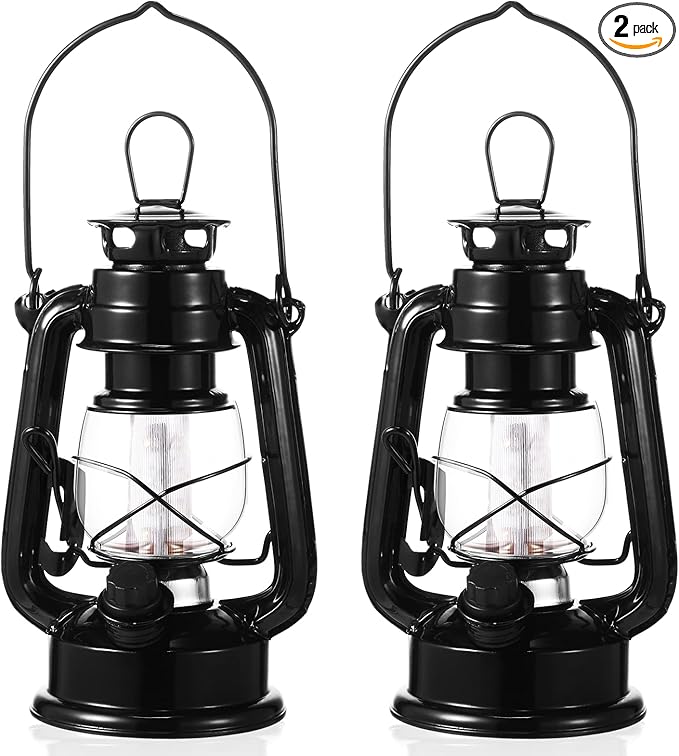 Hortsun 2 Pcs 8 Inch Vintage LED Hurricane Lantern Metal Black Outdoor Battery Operated Hanging Lantern with Warm LEDs and Dimmer Switch for Indoor Rustic Farmhouse Country Camping Decor