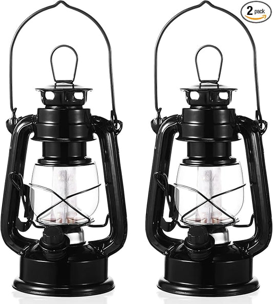 Hortsun 2 Pcs 8 Inch Vintage LED Hurricane Lantern Metal Black Outdoor Battery Operated Hanging Lantern with Warm LEDs and Dimmer Switch for Indoor Rustic Farmhouse Country Camping Decor