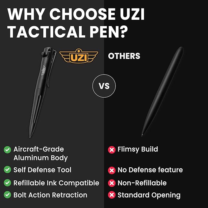 UZI Tactical (UZI-TACPEN2-BK) Aircraft Aluminum Multitool Pen | Self Survival Gear, Window Breaker, Real Ballpoint, Military and Police EDC Pen | Great Gift for Men | Unique Pens | Black
