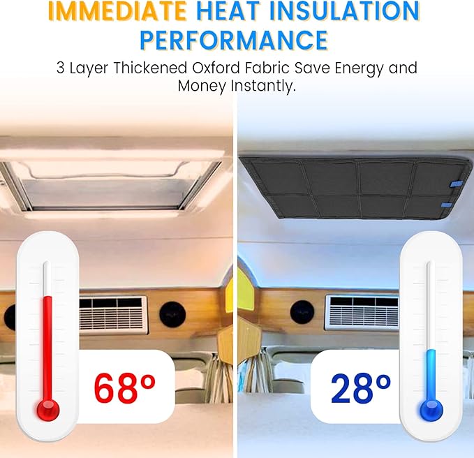 RV Skylight Window Shade, 23 ¼" (L) x 15 ¼" (W), Foldable Magnet RV Blackout Cover, UV Rays Protection Camper Trailer Fan Vent Cover, Waterproof Thickened Oxford Fabric (Black)