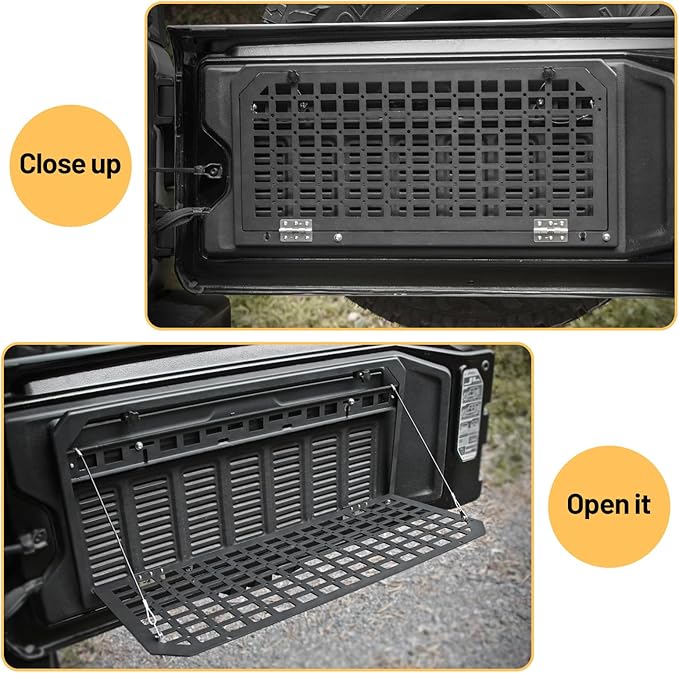Tailgate Table Rear Storage Cargo Rack Compatible with 2017-2024 Jeep Wrangler JKU &JL JLU Foldable Storage Shelf MOLLE Panel with 3 Storage Bags(Not fit with Low Speaker JK Models)