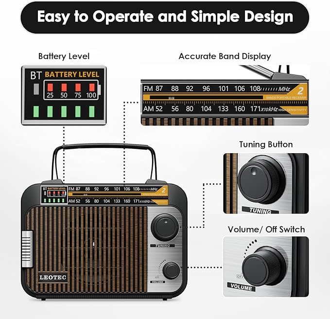 LEOTEC AM FM Radio with Bluetooth,Portable Vintage Transistor Radio Rechargeable Battery/4 AA Cell Battery Operated/Plug in Wall,AUX,Big Speaker,Headphone Small Gifts for Senior