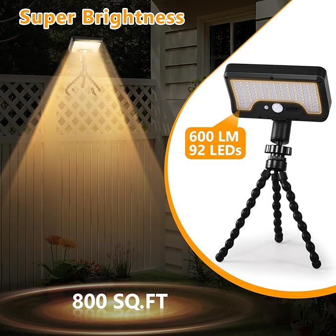 Solar Motion Lights Outdoor with Flexible Octopus Tripod, USB & Solar Powered Motion Sensor Lights with 92 LEDs, IP65 Waterproof Motion Activated Light for Fence, Camping (2 Pack, Warm Yellow)