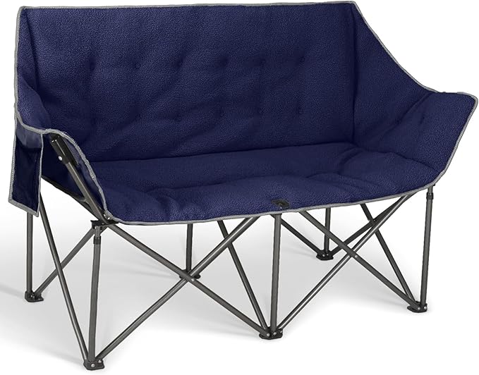 Double Camping Chairs-Padded Loveseat Camp Couch for 2 Person,Heavy Duty Sofa Folding Lawn Chair with Cushion for Backyard,Sports,Patio and Home Use,Deep Blue