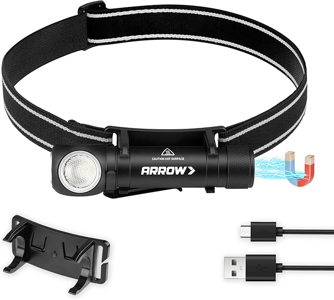 Arrow 1000 Lumens LED Headlamp Rechargeable, 90° Rotatable Head Lamp with Magnetic Tail Cap, Multi Modes Detachable Flashlight for Outdoor, USB-C Cable, Headlamp Mount & 3M Adhesive Included