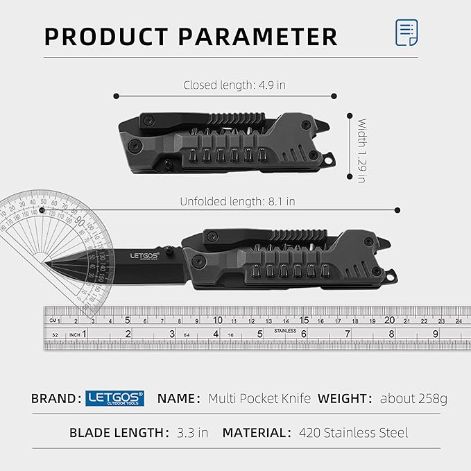 Multi Pocket Knife, 22 in 1,Survival Gear EDC Tools with Nylon Sheath, Emergency, Camping, Hiking, Hunting, Gift for Men Women (Cool Black)