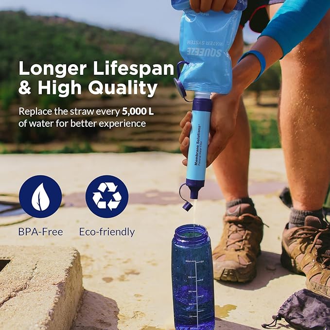 Membrane Solutions Squeezable Water Filtration System, Survival Water Purifier Kit, Portable Backpacking Gear Including Water Filter Straw and 23oz Collapsible Bottle for Hiking Camping Travel(5+6)