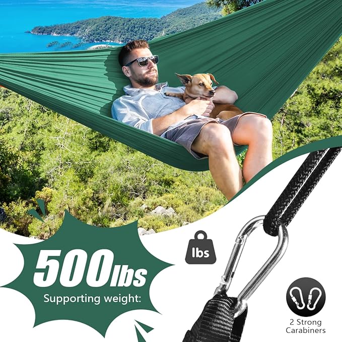 OBTANIM Camping Hammock 500lbs Portable Lightweight Single or Double Hammock with Tree Straps and Carry Bag for Camping Backpacking Hiking Travel Beach Outdoor Indoor (Dark Green)