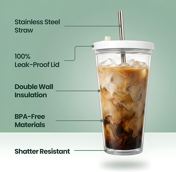Kensal Home Reusable Iced Coffee Cup (24 Oz/Venti), Leak Proof and Double Wall Insulated Iced Coffee Tumbler, Come with Reusable Plastic and Metal Straws and Straw Cleaner - White