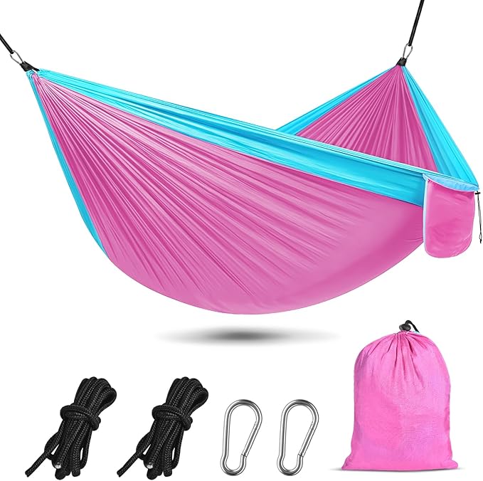 OBTANIM Camping Hammock 500lbs Portable Lightweight Single or Double Hammock with Tree Straps and Carry Bag for Camping Backpacking Hiking Travel Beach Outdoor Indoor (Blue and Pink)