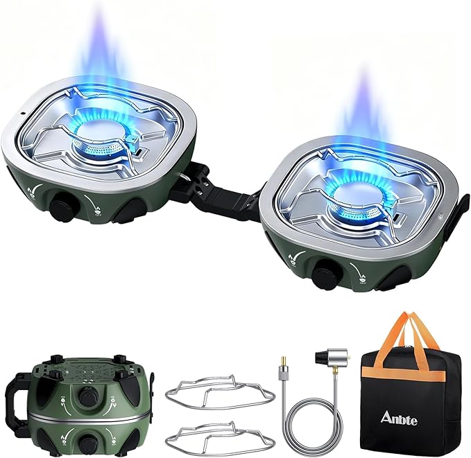 Anbte 20.6" Wide Spacing Propane Camping Stove, Folding Camping Stove with Adjustable Burners & Storage bag, Portable Handle for Outdoor Cooking Beach RV Travel BBQ Tailgating & Emergency Use, Green