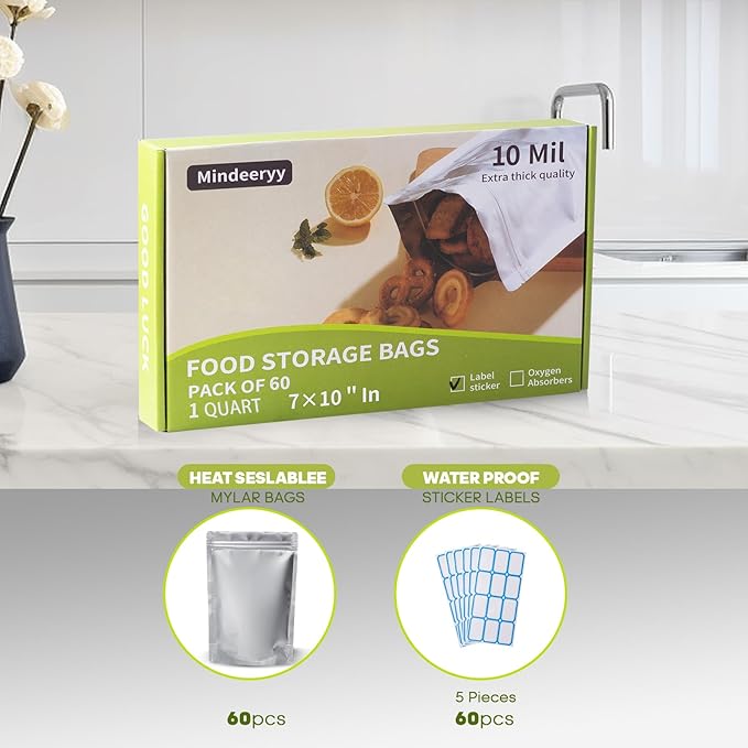 60pcs 1 Quart Mylar Bags for Food Storage - ExtraThick 10 Mil - Smell Proof Mylar bag 1 Quart - Stand-Up Zipper Pouches 7x10 Inch - Small Food Container Sets - Heat Sealable
