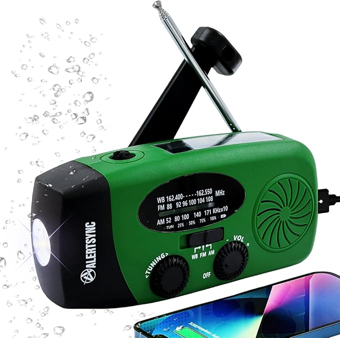 5000mAh Hand Crank Emergency Weather Radio, AM FM NOAA Solar Radio with Led Flashlight and Earphone Jack, Charger for Smartphone, USB-C Cable/Self Powered with SOS Alarm (Green)