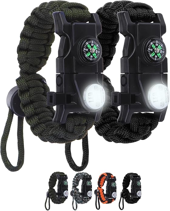 Survival Bracelets, Paracord Bracelets (2 pcs) with Loud Whistle Light Flint, Adjustable Compass Bracelet for Outdoor Camping Hiking Fishing Hunting, Multitools Tactical Gear, Bearable 300 lb