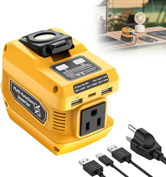 220W Portable Power Inverter Compatible with Dewalt 20V Battery, DC 20V to AC 110V Battery Inverter, Power Station with 400LM LED Work Light, 1 AC Outlet, 2 USB Ports & 1 Type‑C Fast Charging
