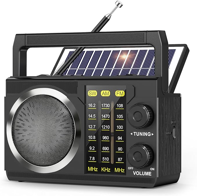 PRUNUS J-135 AM FM Radio Portable Bluetooth, Solar/AA Battery Operated/USB-C Rechargeable for Emergency, Transistor Radios with Flashlight,Support TF Card/USB Playing, Large Knob Easy to Use