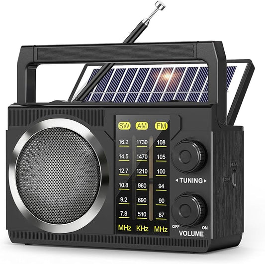 PRUNUS J-135 AM FM Radio Portable Bluetooth, Solar/AA Battery Operated/USB-C Rechargeable for Emergency, Transistor Radios with Flashlight,Support TF Card/USB Playing, Large Knob Easy to Use