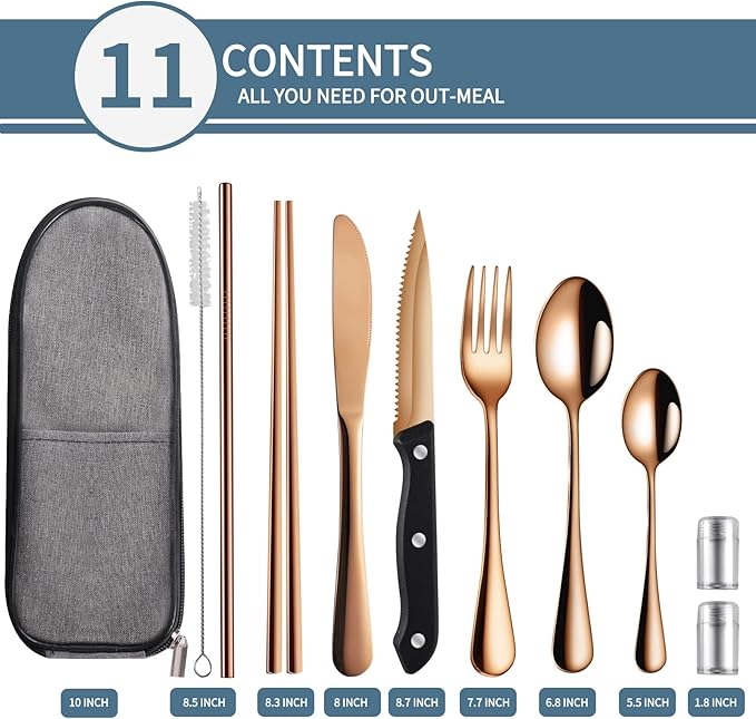 Logcow Travel Utensils Set with Case, 10-Piece Reusable Stainless Steel Camping Cutlery, Portable Fork Spoon Knife Chopsticks & Straw for Work, Lunch, Picnic (Rose Gold)