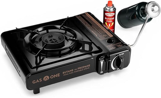 GasOne 10,000 BTU Dual Fuel Camp Stove – Butane and Propane Burner Portable Stove Camping Grill with Adjustable Heat Dial, Carry Case, Automatic Electric Ignition – Safe and Durable Construction