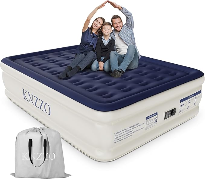 KNZZO Air Mattress Queen with Built-in Pump, Blow Up Mattress with Soft Flocked Top, Leakproof Inflatable Mattress, Foldable Waterproof Air Bed for Home, Guests, Camping, with Storage Bag