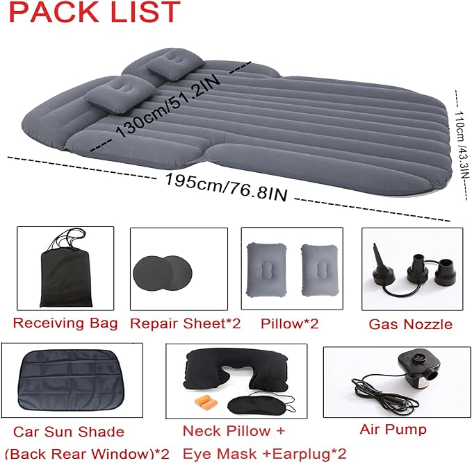 Onirii Inflatable SUV Air Mattress,Thickened Flocking Car Travel Camping Bed with 2 Pillows & Air Pump,Portable Car Sleeping Mattress for SUV Trunk and Rear