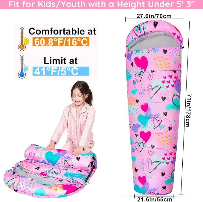 FIOBEE Kids Sleeping Bag for Girls Boys 3 Season Warm & Cool Weather Youth Camping Sleeping Bags with Backpacking Bag Waterproof for Traveling Hiking Indoor Outdoor Camping Essentials
