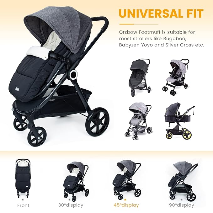 Orzbow Footmuff for Stroller, Weatherproof Anti-Kick Universal Toddler Sleeping Bag,Removable Warm Coral Fleece Lined Stroller Bunting Bag Footmuff（Black）