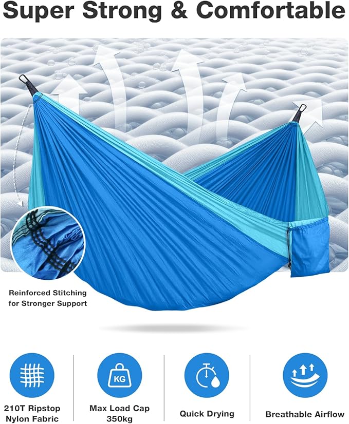 MOSFiATA Camping Hammock, Heavy Duty up to 500lbs with 2 Tree Straps and Attached Carry Bag Portable Outdoor Hammock for Backpacking Hiking Travel,Beach (Sky Blue)