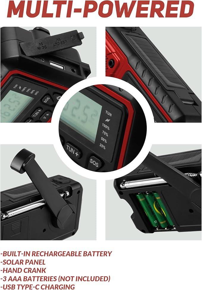 Supersonic SC-1078ERN Guardian Multi-Powered Emergency Radio, with AM/FM/NOAA Weather Alerts, Rechargeable Battery, Solar, Hand Crank, 3.5mm Headphone Jack, SOS Alarm, Flashlight & Lantern