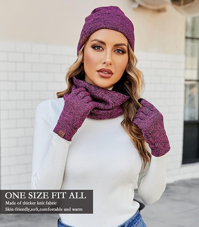 Winter Beanie Hat Scarf Touchscreen Gloves Set for Men and Women, Beanie Gloves Neck Warmer Set with Warm Knit Fleece Lined