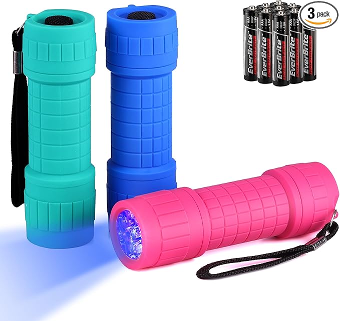 EverBrite UV Blacklight Flashlights 3-Pack Set, 9 LEDs 395nm Mini Black Light for Neon Glow Art, Class Teaching, Scorpions, Pets Stains Urine, 9 AAA Batteries Included
