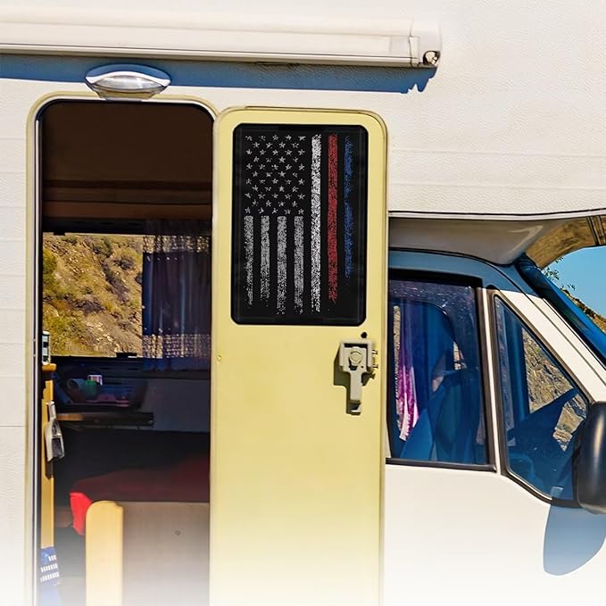 RV Door Window Shade, American Flag Red Stripe 26"x17.3" Reflective RV Blackout Window Cover Privacy Camper Sun Shade, Universal Rv Accessories for Outside