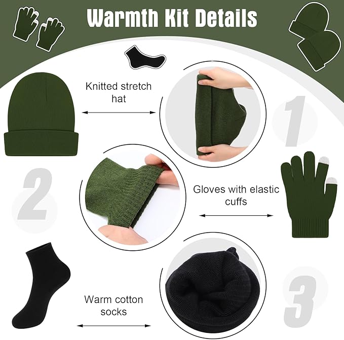 Chicingyou 120 Pcs Homeless Care Package Supplies Bulk Winter Emergency Thermal Blankets Warmer Beanie Socks Touchscreen Gloves for Men Women Cold Weather Outdoor Survival Kits (Green,Black)