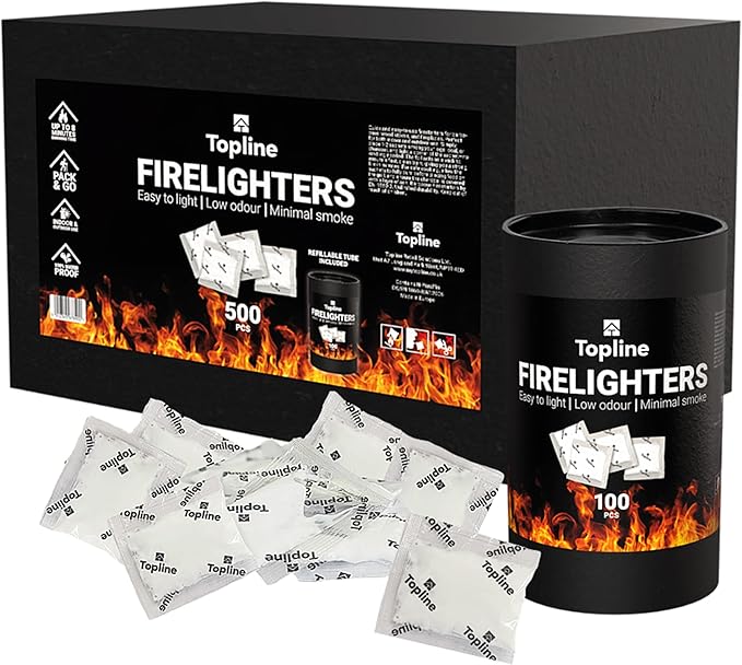 Instant Fire Starter Lighters Multipack - 500 Odourless Firelighter Sachets with Refillable Tube for Wood Burners, Logs, Charcoal BBQ, Open Fires - Waterproof