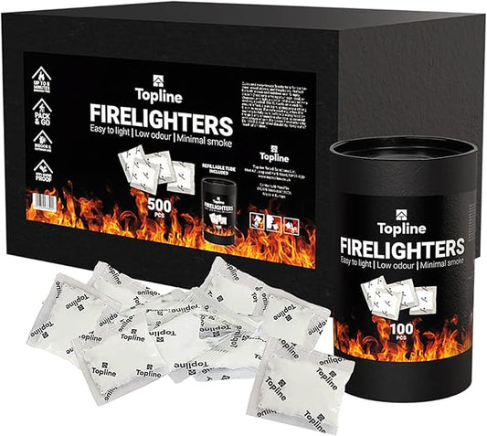 Instant Fire Starter Lighters Multipack - 500 Odourless Firelighter Sachets with Refillable Tube for Wood Burners, Logs, Charcoal BBQ, Open Fires - Waterproof