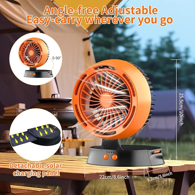 Portable Solar Fan - 10000mAh Big Battery, Compact & Lightweight, Solar-Powered, 4 Speeds & LED Light for Camping, Hiking & Emergencies!