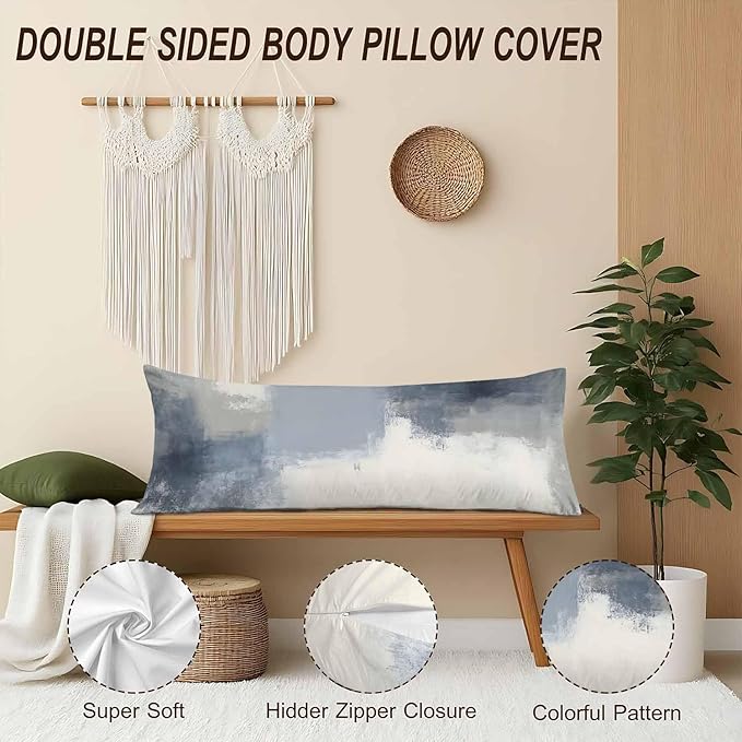 Body Pillow Cover Abstract Painting Blue White Gray Decorative Body Pillow Covers Long Cushion Case Zipper Body Pillowcase Soft Cushion Cover for Bedding,Couch,Home 20"X54"