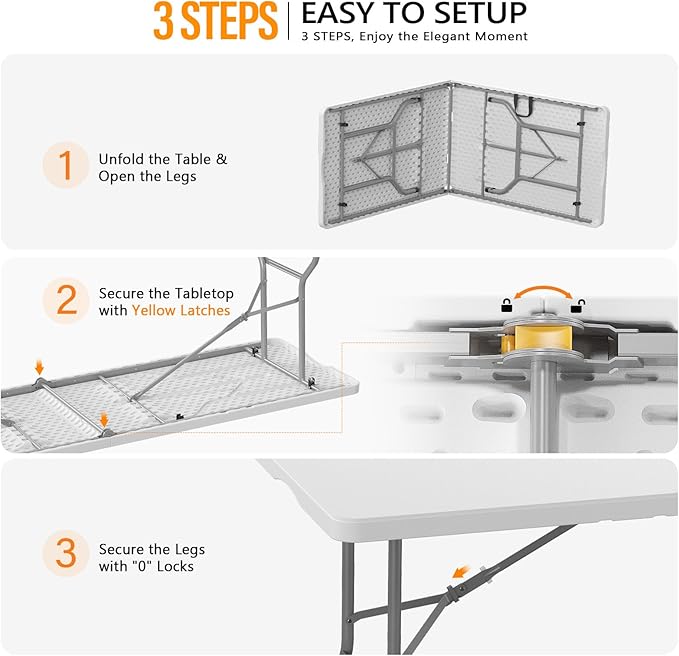 Bonnlo Folding Table 8ft, Portable Collapsible Plastic White Long Tables for Party, Camping, Banquet, Craft, Dining, Wedding, Outdoor and Indoor Use