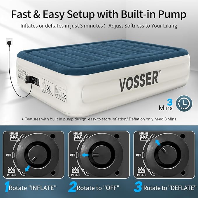 VOSSER Queen Air Mattress with Built-in Pump,18''Fast & Easy Inflation/Deflation Inflatable Mattress, Foldable Blow Up Mattress with Storage Bag, Inflatable Bed for Home, Camping & Guests