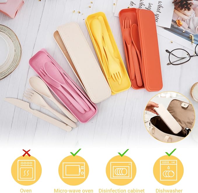 Knives Spoons and Forks Set, Portable Cutlery Set, Reusable Flatware Set for 4, Utensils for Party, Travel, Work, Picnic, Camping or Daily Use（Pink, Orange, Yellow, Beige）