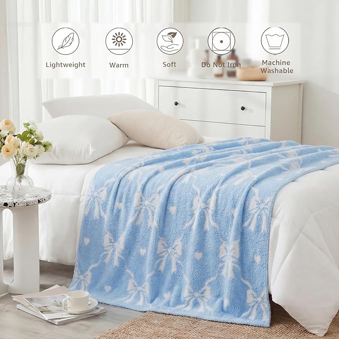 WRENSONGE Blue Bow Throw Blanket Soft Cozy Fluffy Warm Throw for Couch Sofa Bed Camping Picnic Travel Lightweight - 50"*60"