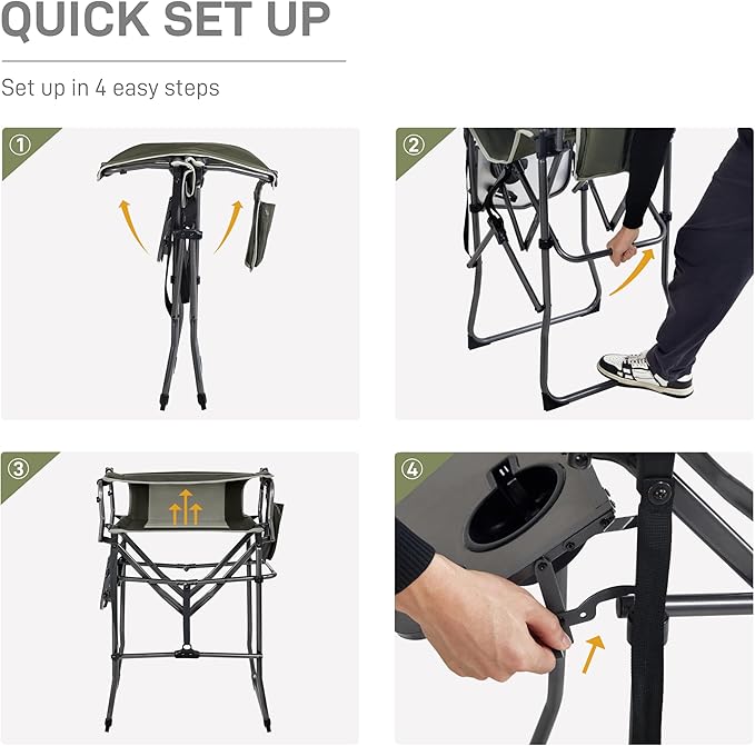 EVER ADVANCED Portable 30.7" Seat Height Tall Folding Camping Chair Directors Chair High Foldable Bar Stool with Side Table for Makeup Artist, Sports Event, Craft Show, Supports 350LBS