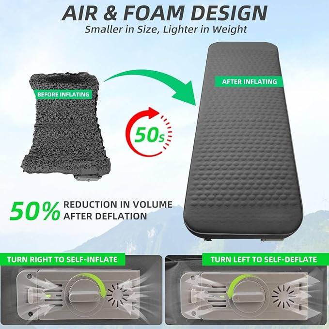 Self Inflating Sleeping Pad with Electric Pump, 3.15" Ultra-Thick Memory Foam Camping Sleeping Mat with Pillow, 9.5 R-Value Insulated Camping Pad Mattress for Travel Car Tent (Grey-4Inches)