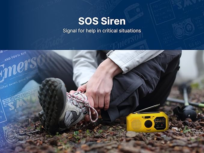 Emerson ER-7050 Emergency AM/FM Radio with NOAA Weather Band, Built-in Power Bank, Hand Crank, Solar Charging, LED Flashlight, and SOS Alarm – Essential Survival Gear for Camping and Emergency Prep