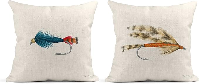 Set of 4 Linen Throw Pillow Cover Case Fishing Fish Hook Decorative Pillow Cases Covers Home Decor Square 20 x 20 Inches Pillowcases