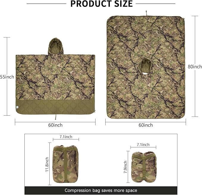 LOOGU Camo Blanket Waterproof Insulation Poncho Liner for Outdoor Camping, Hiking, Hunting, Survival, Backpacking, Picnicking