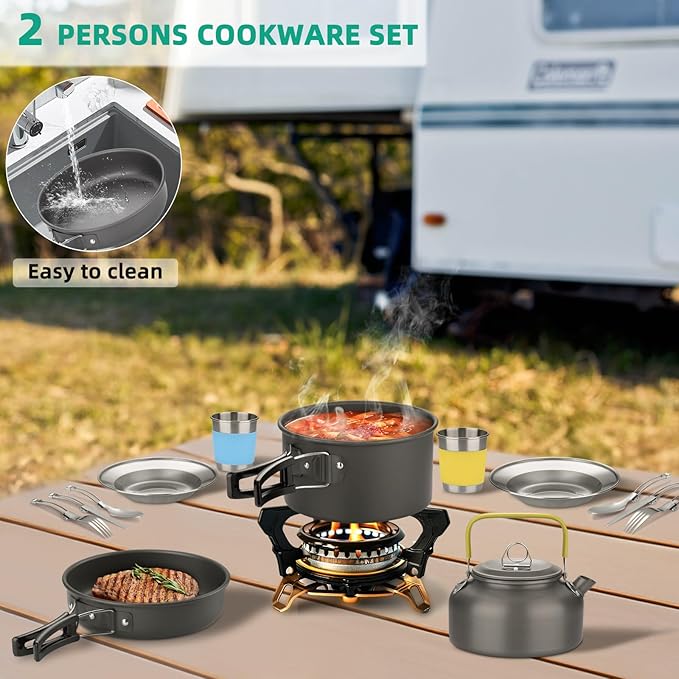18pcs Camping Cookware Kit, Aluminum Non-Stick Pot, Pan and Kettle Set with 2 Set Stainless Steel Cups Plates Forks Knives Spoons for Backpacking and Hiking Camping